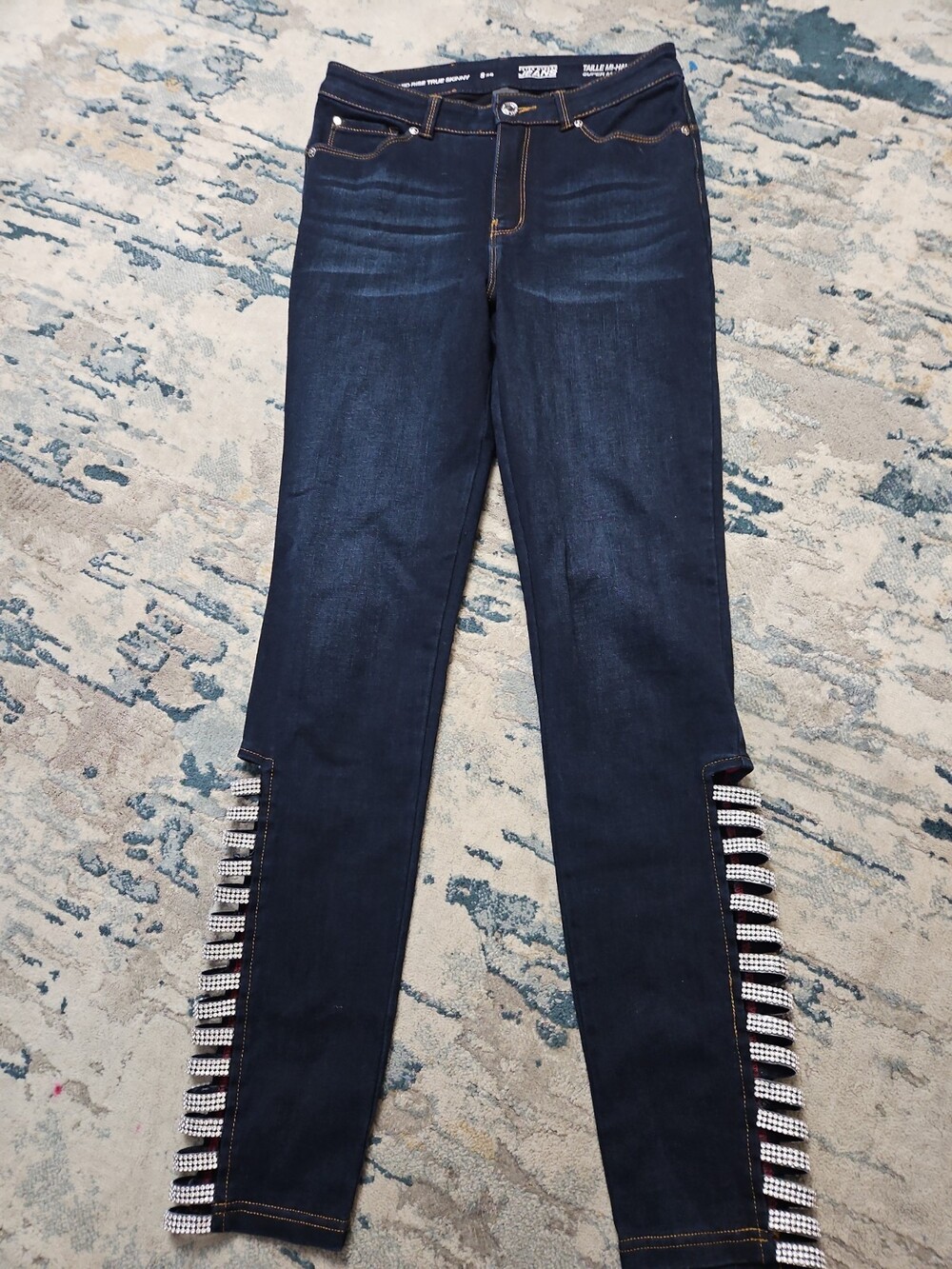 Peter Nygard True Skinny Jeans Crystal Ladder Slit Ankle